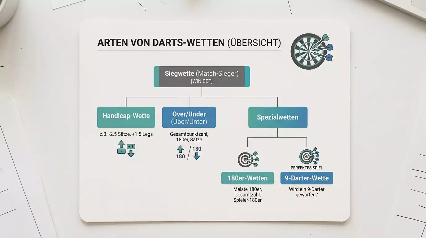 Darts Wettmärkte Überblick — alle Wettarten von Siegwette über Handicap bis zur 9-Darter-Spezialwette erklärt