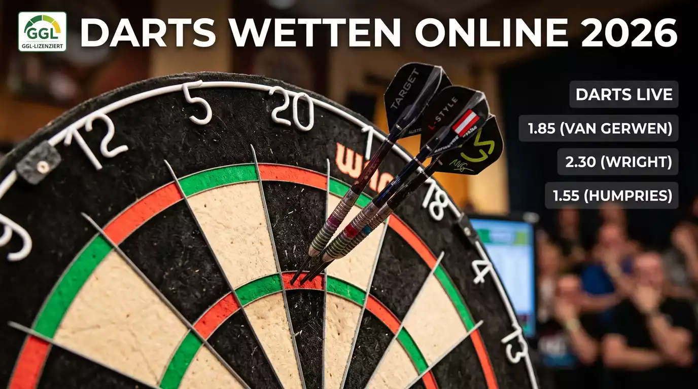 Darts Wetten Online in Deutschland — Dartscheibe mit Wettquoten und GGL-Lizenz-Symbol für legales Sportwetten 2026