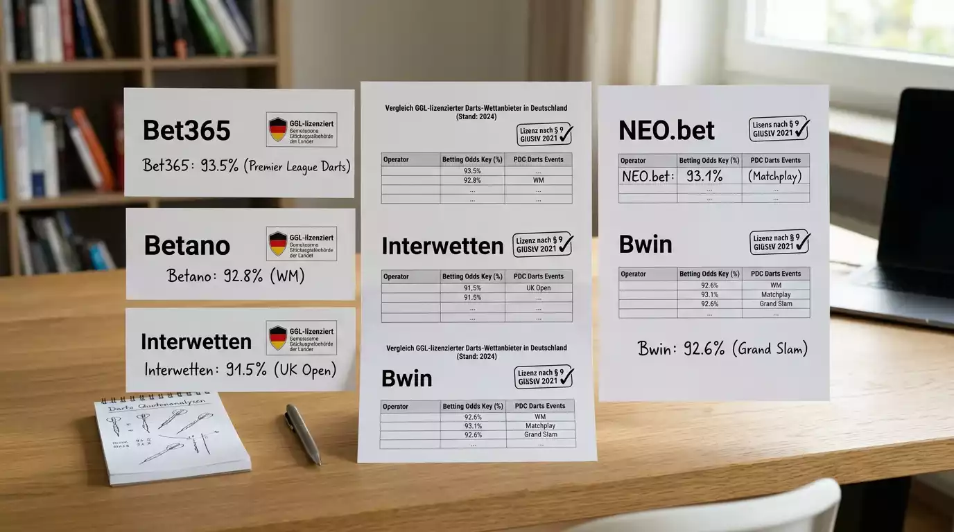 Lizenzierte Darts Wettanbieter Deutschland mit GGL-Erlaubnis — Bet365 Betano Interwetten NEO.bet im Quotenschlüssel-Vergleich